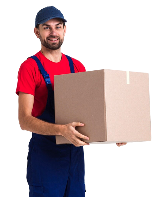 hard worker courier man holding big box long view 1