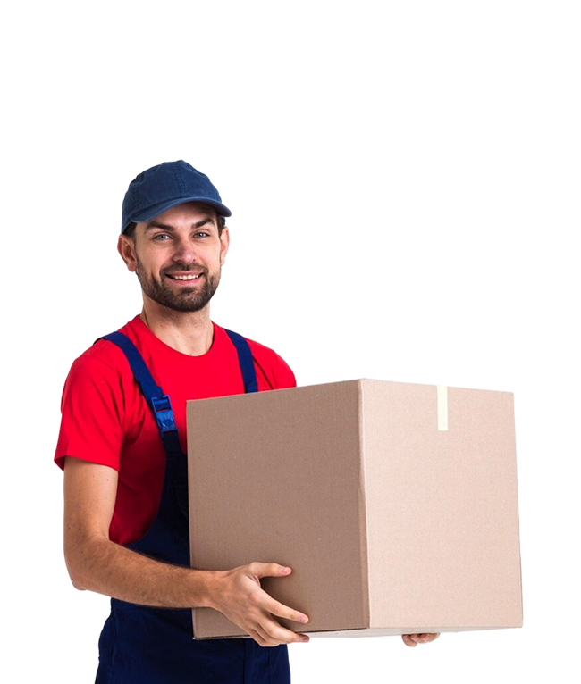 hard worker courier man holding big box long view 1